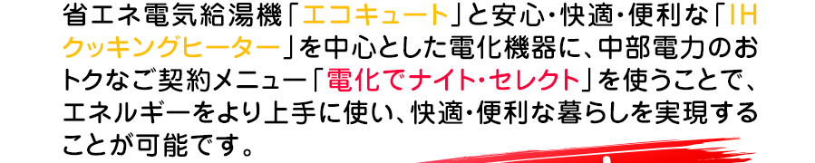 省エネ給湯機エコキュートと安心、快適、便利なIHクッキングヒーターを中心とした電化機器を使うことでお得な暮らしを実現します。