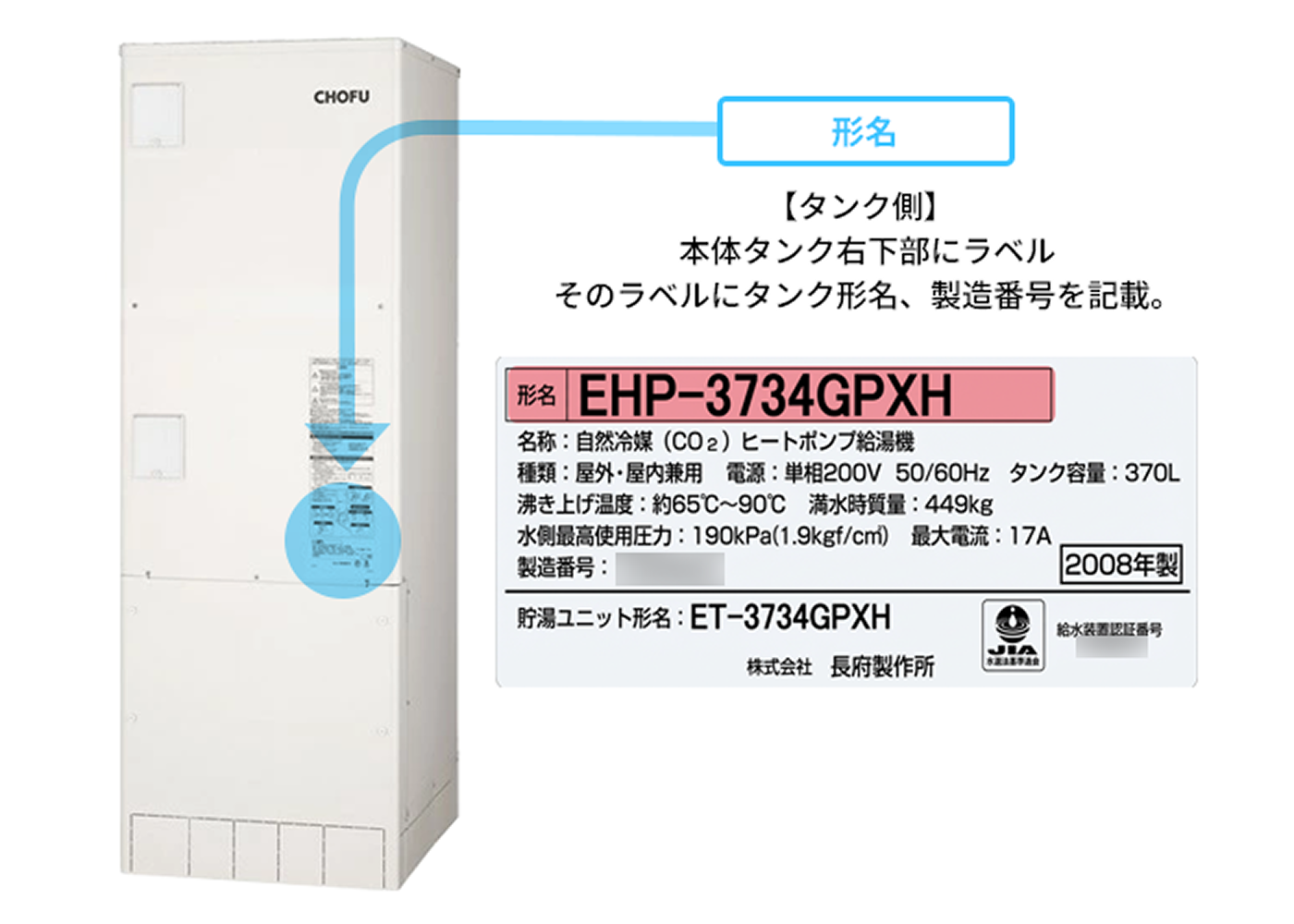 長府製作所製品の場合、タンク側本体タンク右下部にラベルがあり、タンク形名・製造番号の記載があります