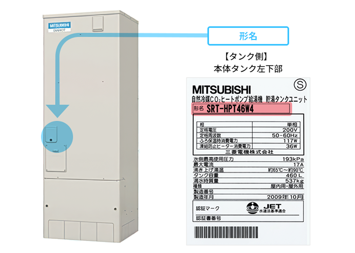 三菱電機製品の場合、タンク側本体タンク左下部に形名の記載があります