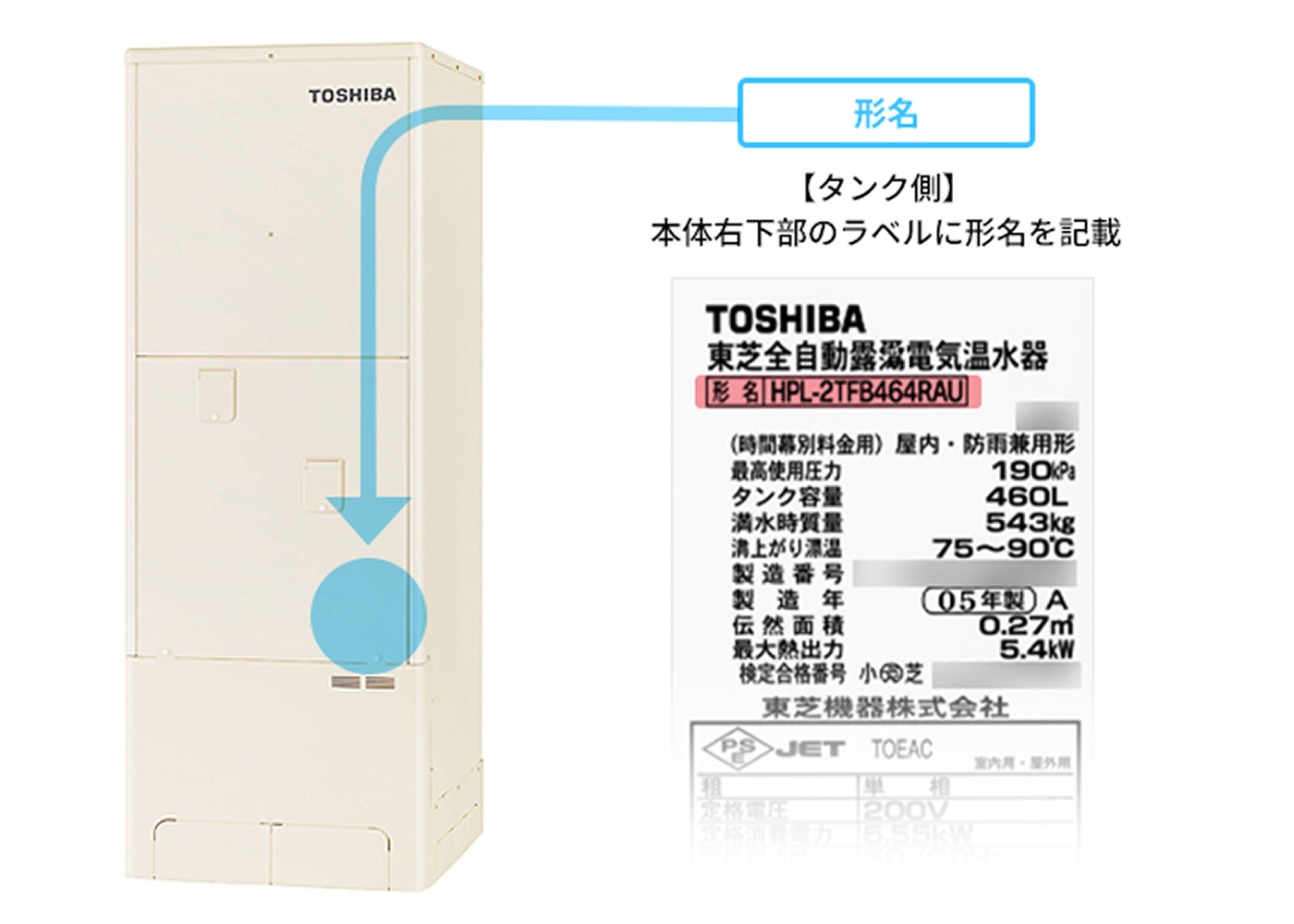 東芝製品の場合、タンク側本体右下部のラベルに形名の記載があります
