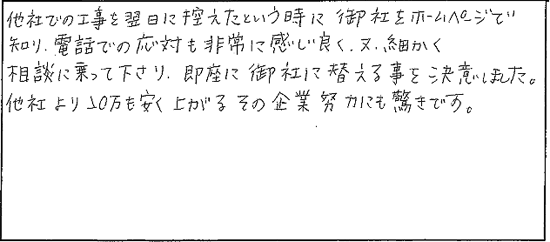他社での工事を翌日に控えたという時に御社をホームページで知り、電話での応対も非常に感じが良く、又、細かく相談に乗って下さり、即座に御社に替える事を決意しました。他社より20万も安く上がるその企業努力にも驚きです。