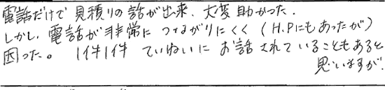 電話だけで見積りの話が出来、大変助かった。しかし、電話が非常につながりにくく（HPにもあったが）困った。１件１件丁寧にお話されている事もあると思いますが･･･。